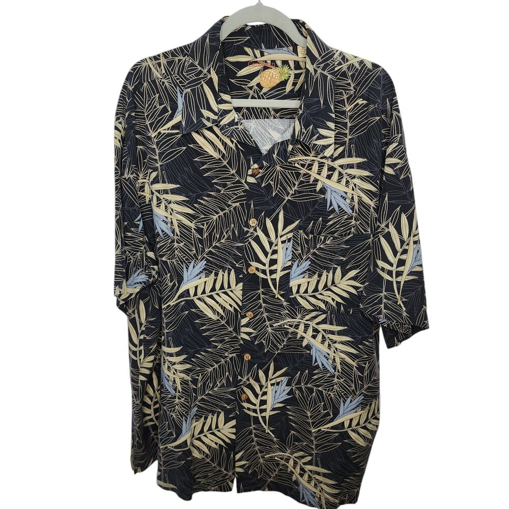 Men's Silk Blend Black Tropical Palm Leaf Hawaiian Shirt 2XL Resort Beach Aloha